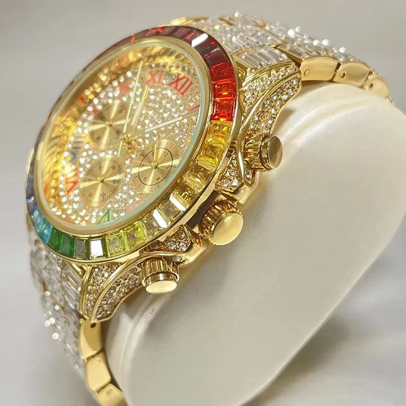 Fashion Brand MISSFOX 18K Gold Hip Hop Watch For Mens Iced Out Waterproof Wrist Watches Rainbow Diamond Clocks Male Reloj Hombre