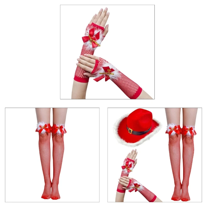 

Christmas Cowboy Hat Mesh Stocking and Fingerless Gloves Set Photo Props