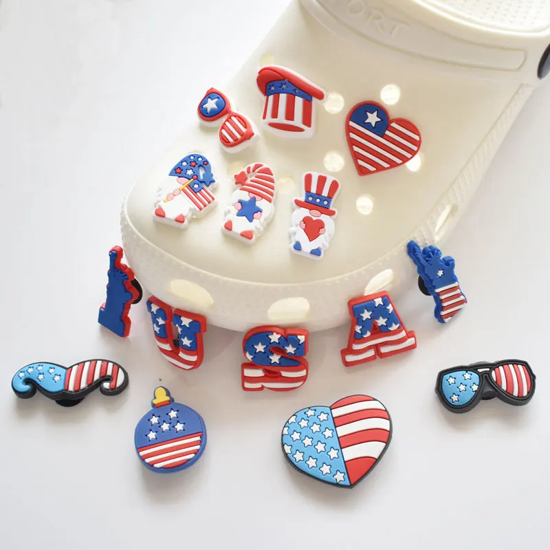 

New 16Pcs USA Flag Style Croc Charms Packs Shoe Decoration Sets Kids Shoe Lace Charms for Sneakers Accessories Wholesale Bulk