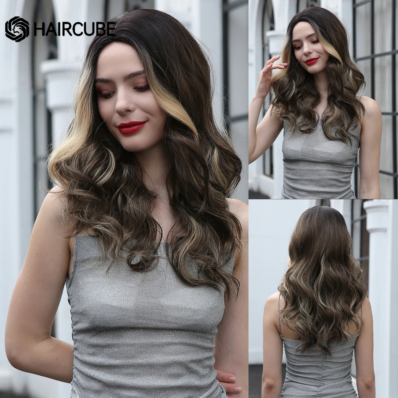 

HAIRCUBE Long Wavy Middle Part Synthetic Wigs for Black Women Black Brown Heat Resistant Fake Hair Wig Daily Cosplay Party