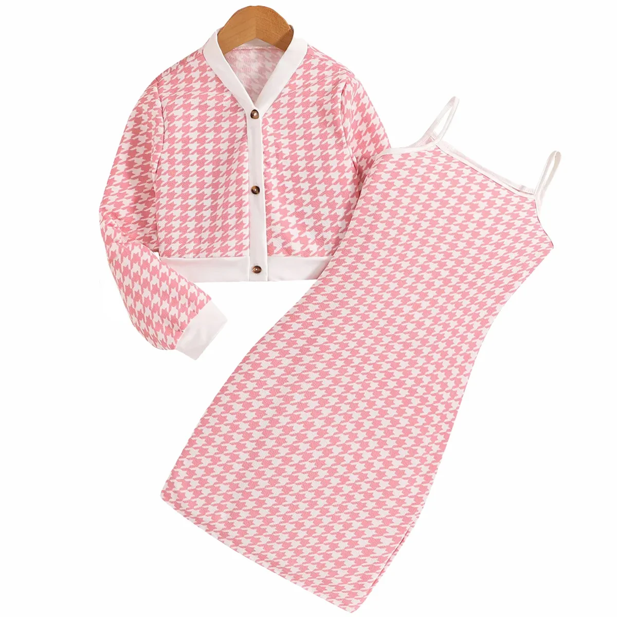 

Модный розовый комплект одежды для девочек, костюм для девочек, платье и кардиган, куртка, пальто, детская одежда, детский наряд большого размера с принтом «гусиные лапки»