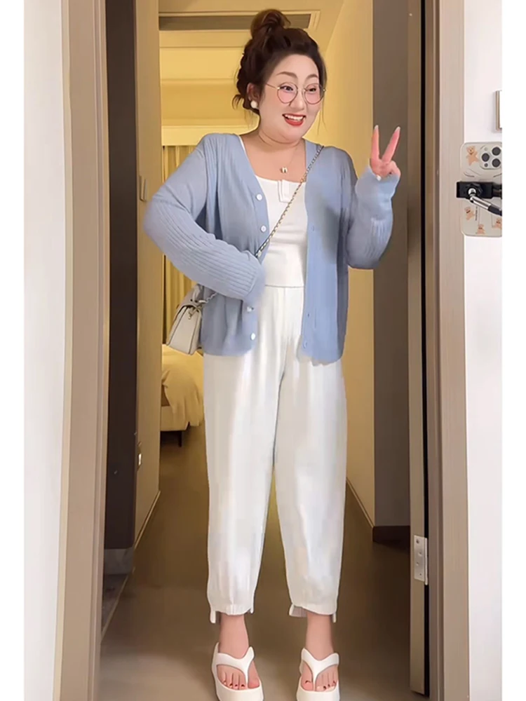 여름 다용도 얇은 아이스 실크 니트 오픈 가디건 여성 플러스 사이즈 슬리밍 자외선 차단 에어컨 탑
