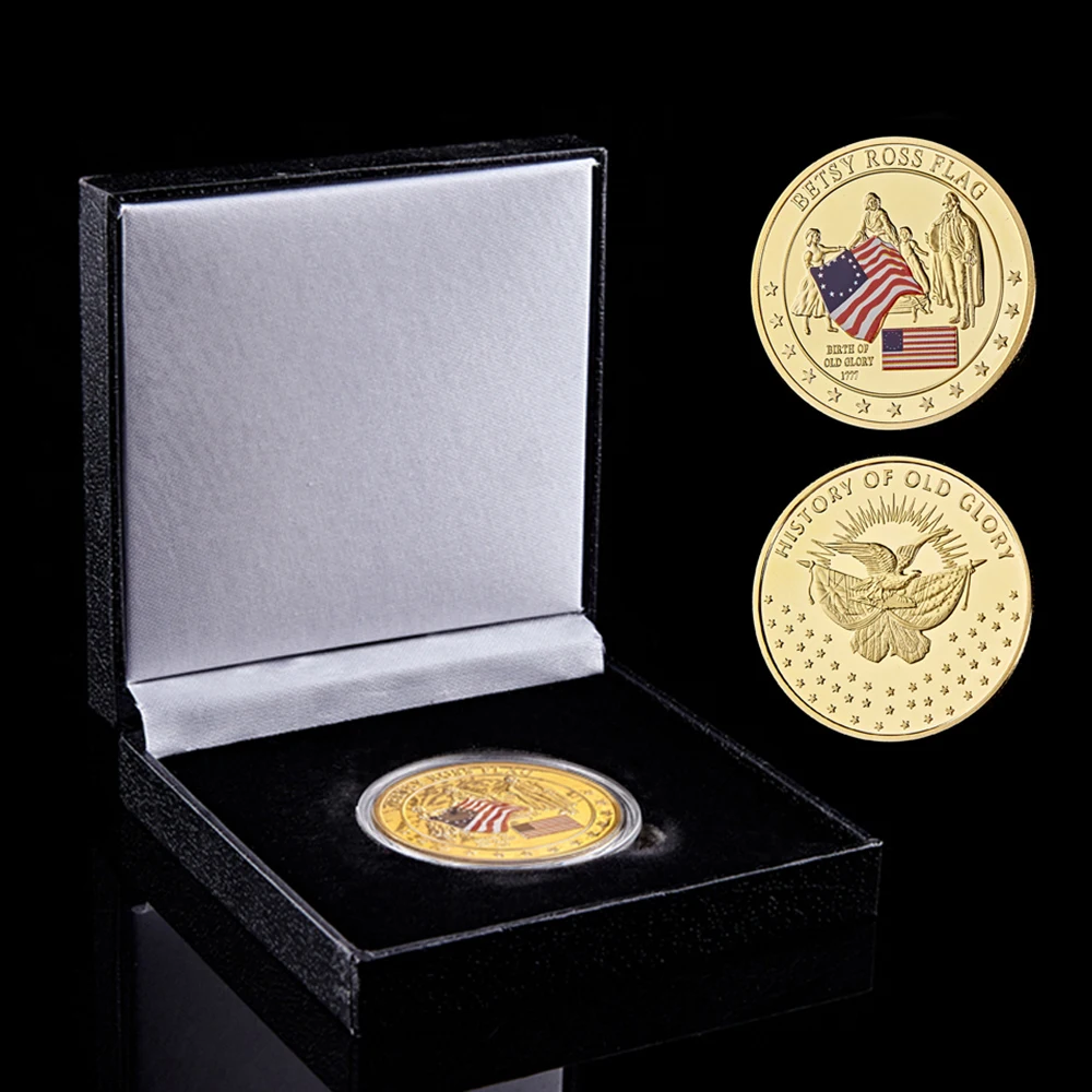 

American Flag Designer Betsy Ross Souvenir Challenge Coin USA Gold/Silver Plated W/ Black Luxury Coin Box