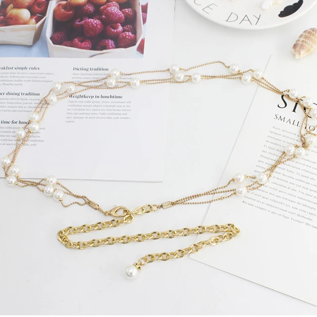 Longita Pearl Chain Belt For Women - Gold Metal Waist Belt With Pearls, Plus Size, 43.3 Inch