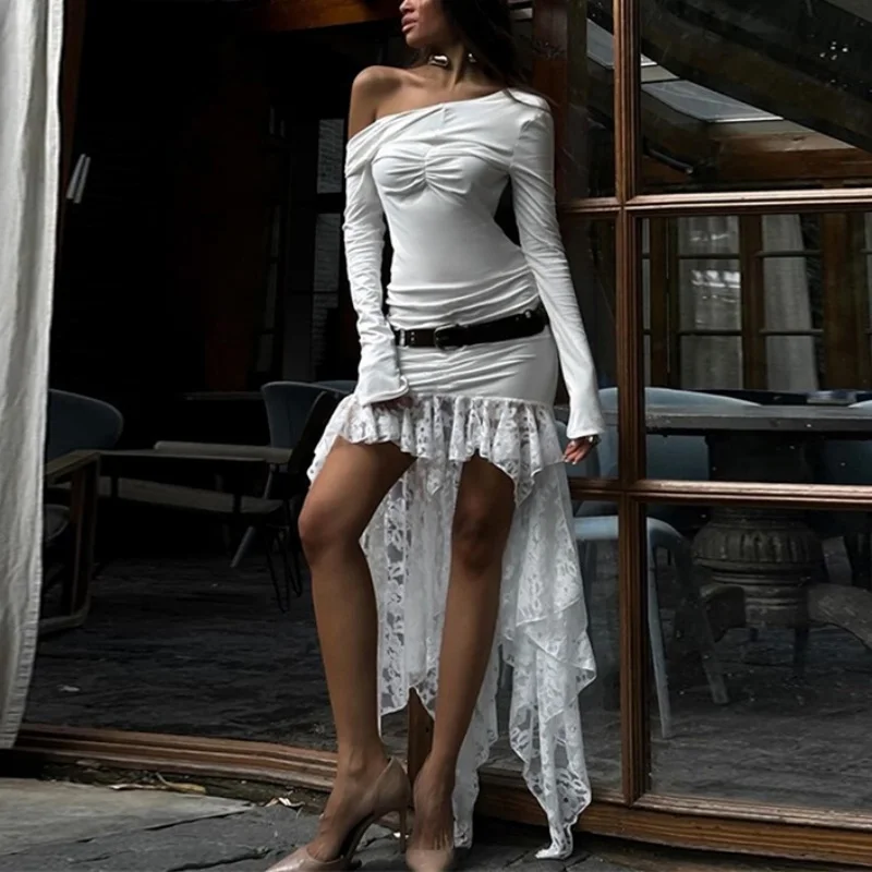 y2k Lace Patchwork Dress Women Clothes Round Neck Long Sleeve Backless Asymmetrical Hem Long Dresses Party Dresses