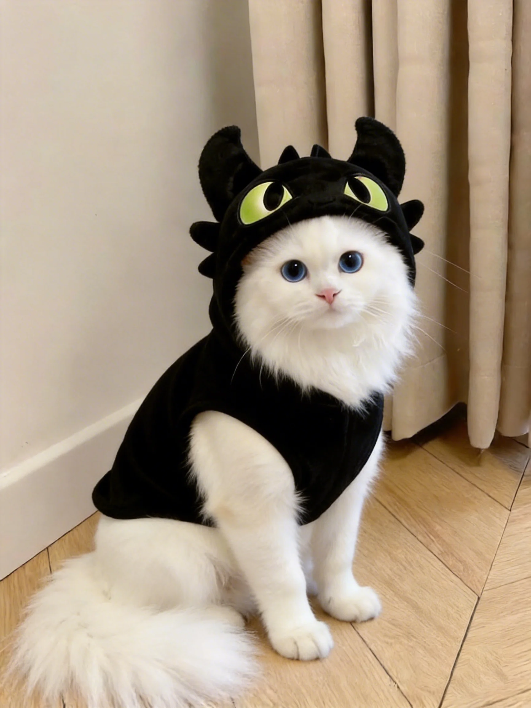 A fluffy white Persian cat sitting on a wooden floor, wearing a black Pet Hoodie with neon green dragon eyes and black scales on the hood.