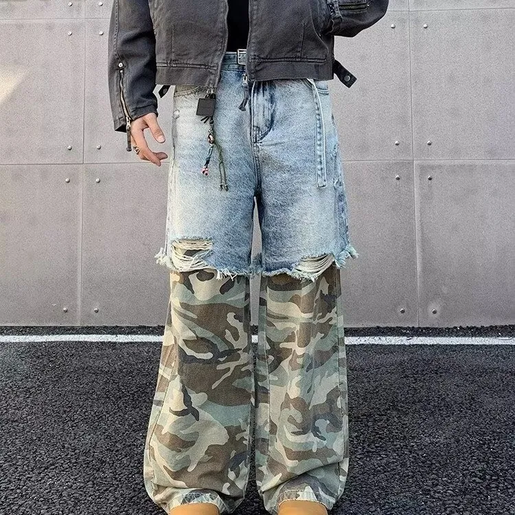 Street Patchwork Camouflage Jeans Baggy Fake Two-piece