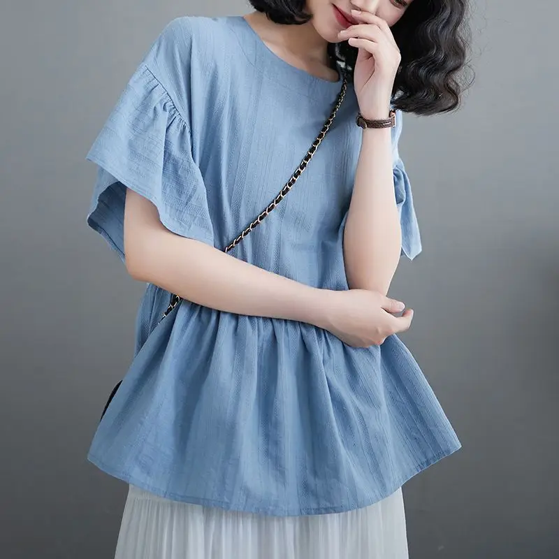 Fashion O-Neck Solid Color Folds Flare Sleeve Blouses Women's Clothing 2024 Summer New Loose All-match Top Casual Shirts