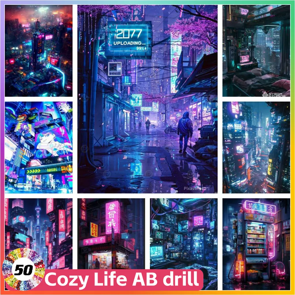 

Neon Cyberpunk Night City Street AB Diamond Painting 5d Stitch Mosaic Art Printed Pictures Crafts Creation Home Garden Decor