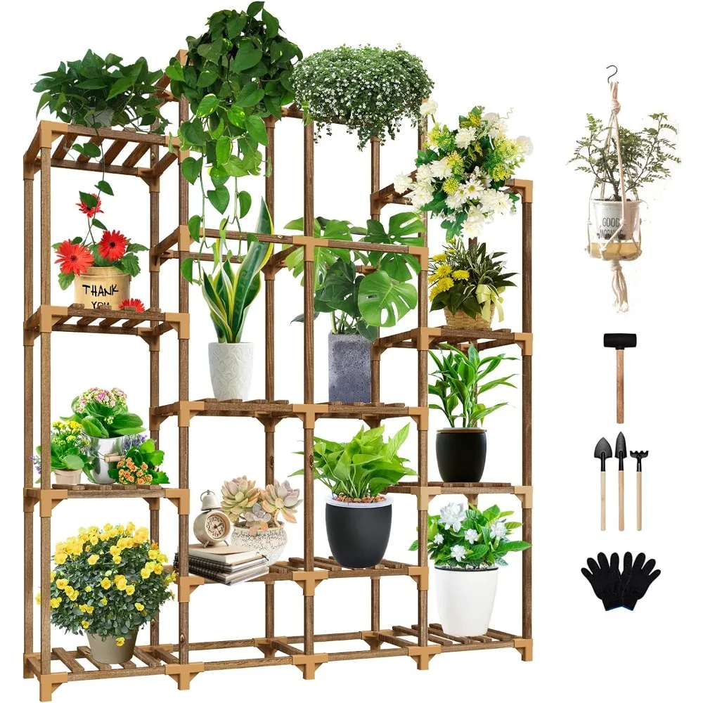 Uneedem Tall Shelf for Multiple Plants Indoor Outdoor 14 Tiers 16 Pot Holder Large Rack Wood Stand Shelves for Room Corner Balco