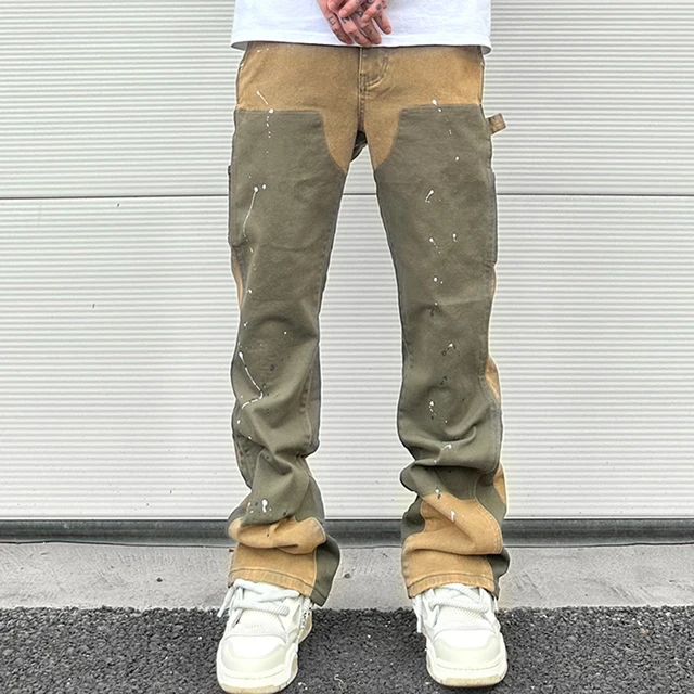 Splash Ink Painted Washed Micro Elastic Denim Logging Pants Men