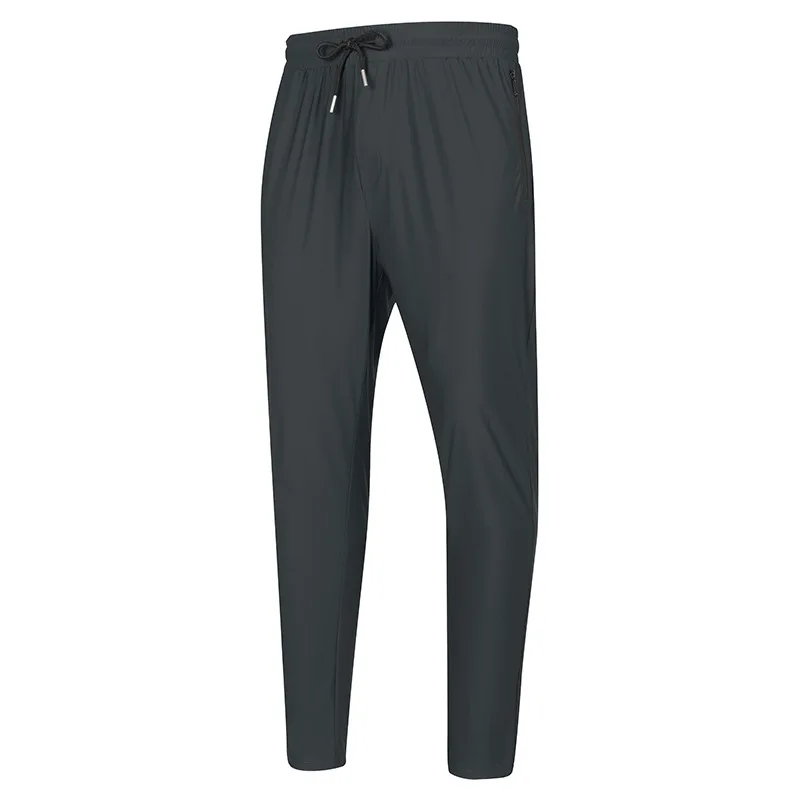 

Men's ice silk trousers elasticated waistband drawstring slacks zipper pocket middle-aged business