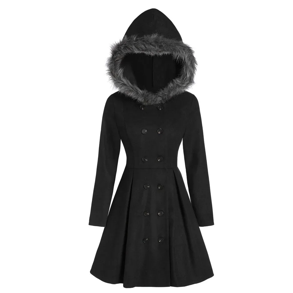 Woman Casual Fashion Princess Skirt Hooded Fur 2024 New Winter Woolen Coat Slim Double-breasted Mid-length Coat Jacket