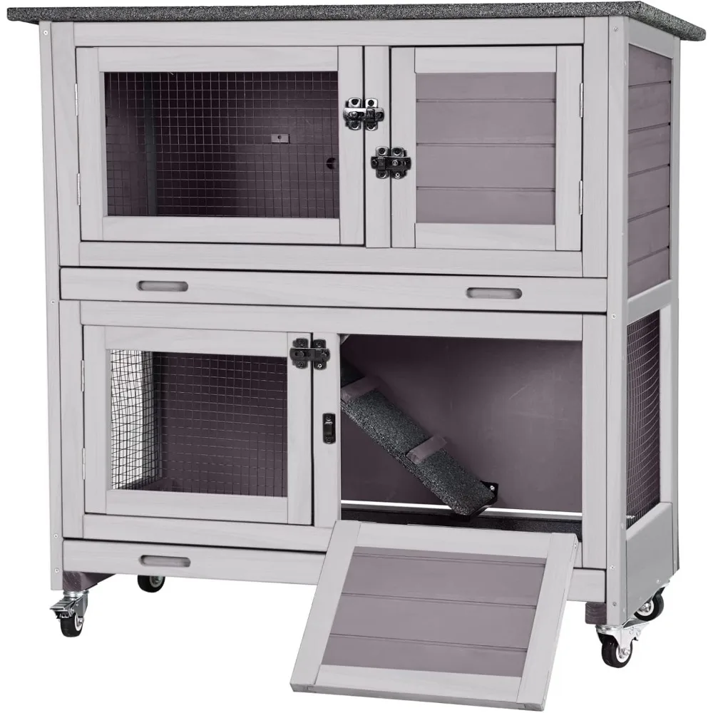 Rabbit Hutch Bunny Cage, Guinea Pig Cage Bunny Hutch Indoor, Wood Pet Cage with 4 Casters -2 Story & 2 Trays