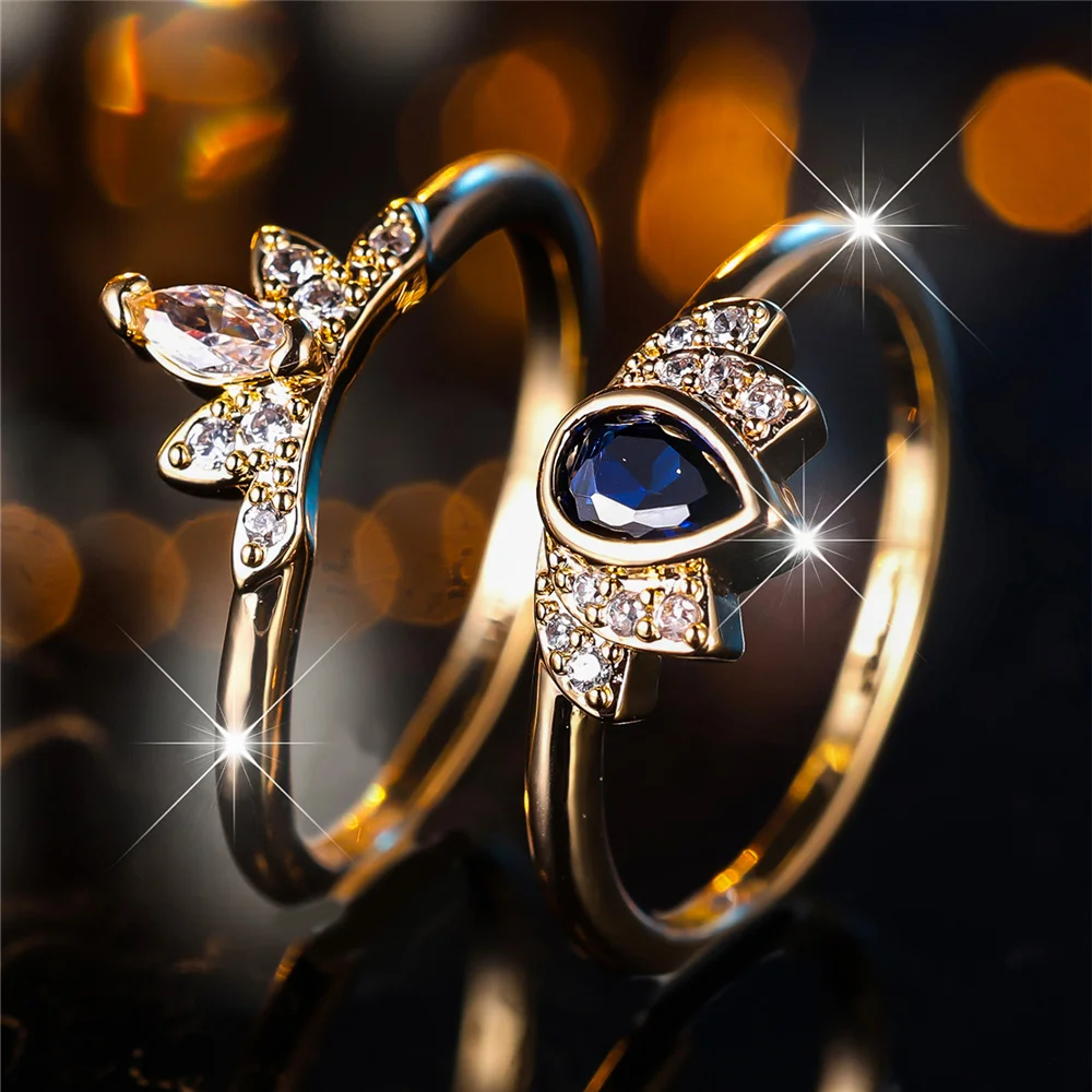 2pcs Female Silver Color Blue Zircon Stone Water Drop Ring Set Vintage Gold Color Bridal Wedding Bands Party Jewelry For Women