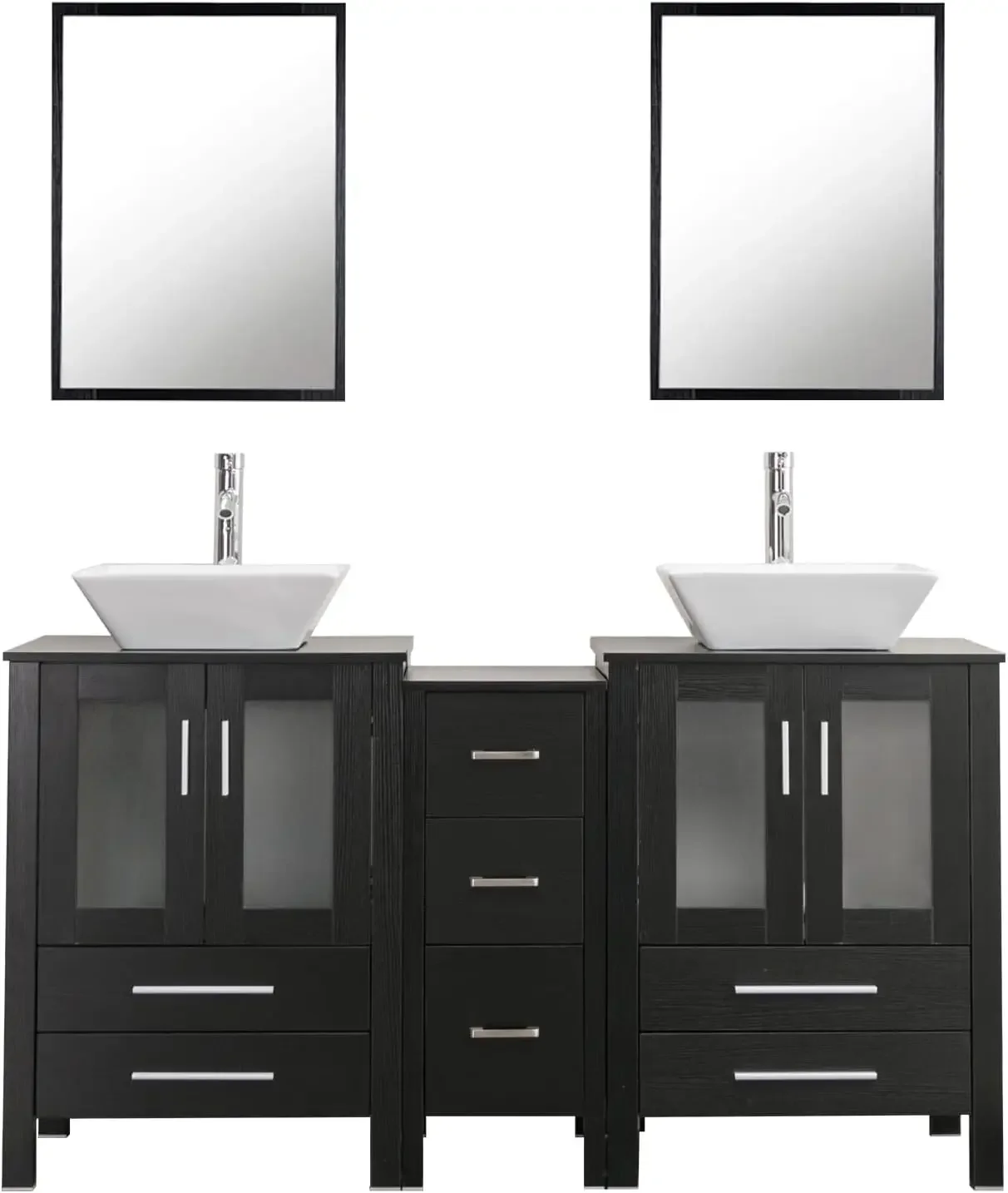 Double Vanity(2 * 24 Vanity 2* Porcelain Vessel Sink Combo(Square) 1 * 12" Side Cabinets) Double Bathroom Vanity Top 4