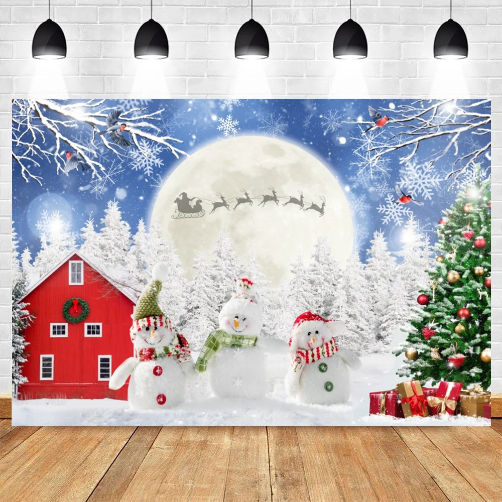 Toile De Fond Noël 210x150 Cm – Scène Forêt Enneigée Avec Sapin Et Bonhomme De Neige – Pour Photos, Fêtes Et Décorations