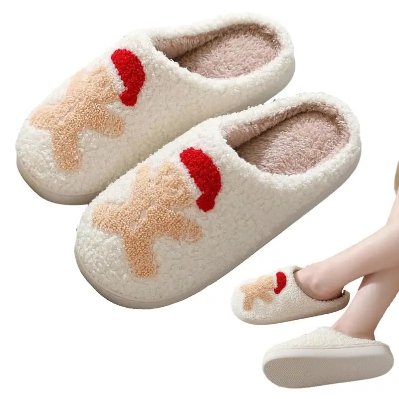 

Christmas Women men Winter Slippers Cozy Plush Fluffy Santa Warm Slippers Gift Non Slip Gingerbread Shoe for Bedroom Living Room