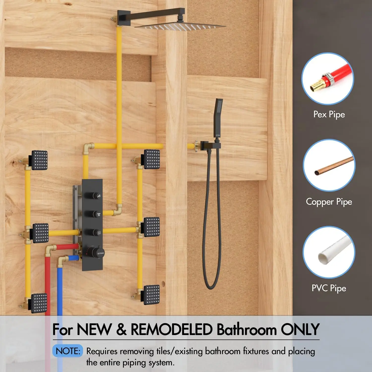 Shower System with Body Jets 12" Thermostatic Rainfall Shower System with 6 Body Spray Jets Full Spray