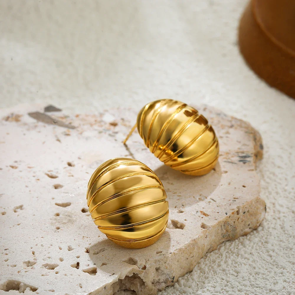 Statement Dome Striped Stud Earrings for Women Chunky Oval Geometric Stainless Steel Earring Party Gifts Hiphop Jewelry Bijoux