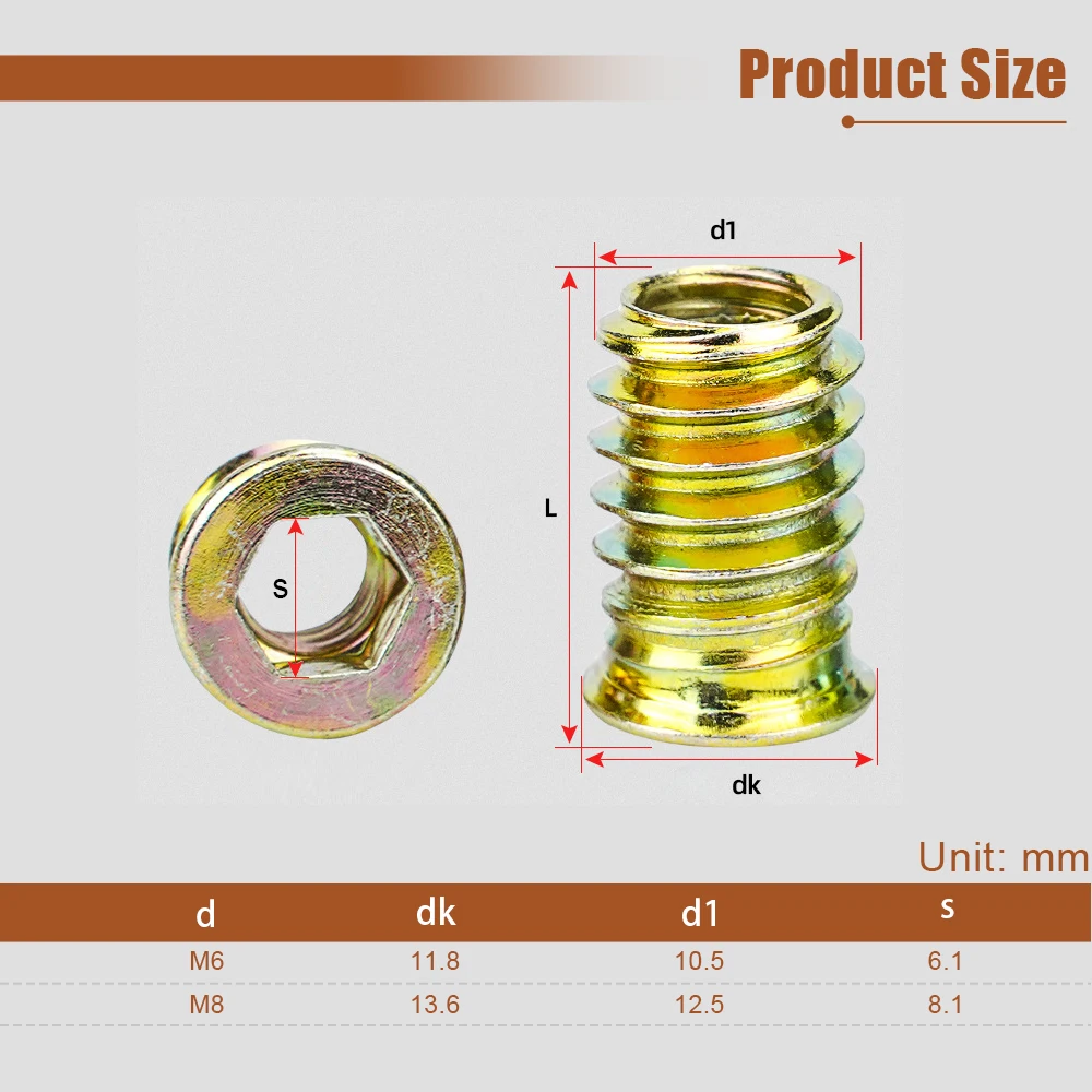 Threaded Insert Nut 10/20pcs M4 M5 M6 M8 M10 Zinc Plated Steel Hexagon Socket Threaded Insert Nut for Furniture Wood Bed Cabinet