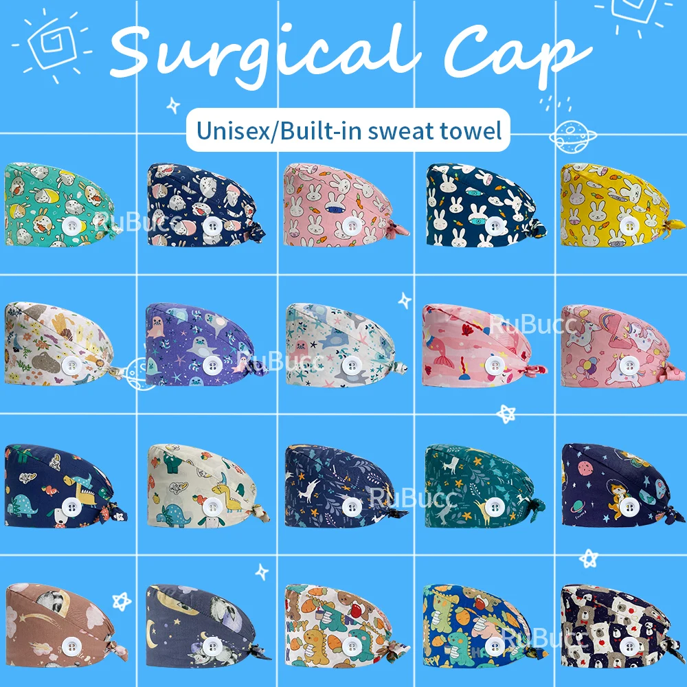 

Wholesale Elastic Hospital Nursing Hats Men Women Cotton Nurse Scrubs Caps Pet Clinic Medical Hat Surgical Lab Caps with Buttons