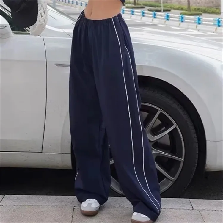 Woman Satin Side Stripes Loose Drawstring Long Cargo Trousers Hip Hop Sweatpants