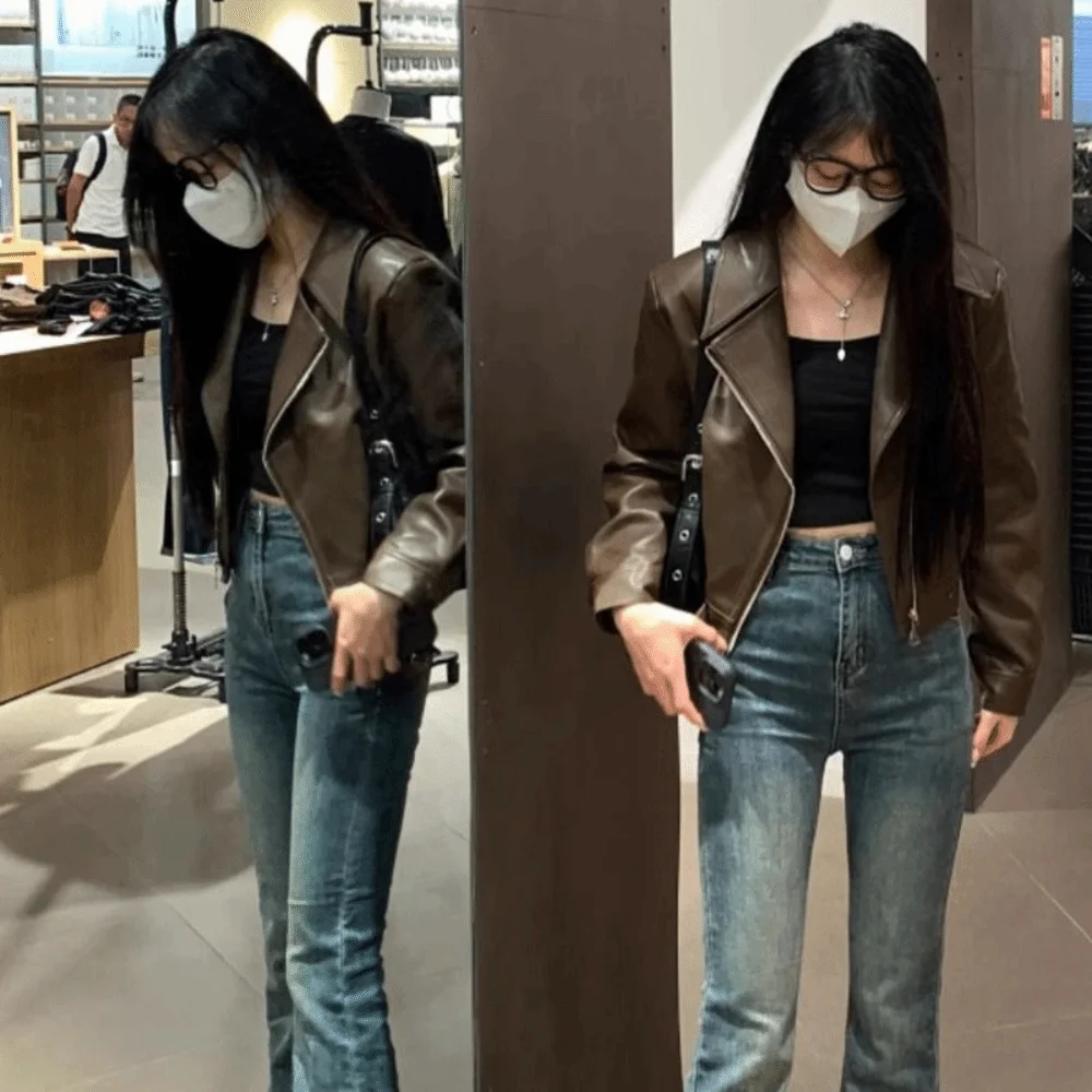 Sweet Pleated Leather Jacket Women Lapel Collar Outerwear Vintage PU Coats Korean Chic Zipper Overcoat Autumn/Winter