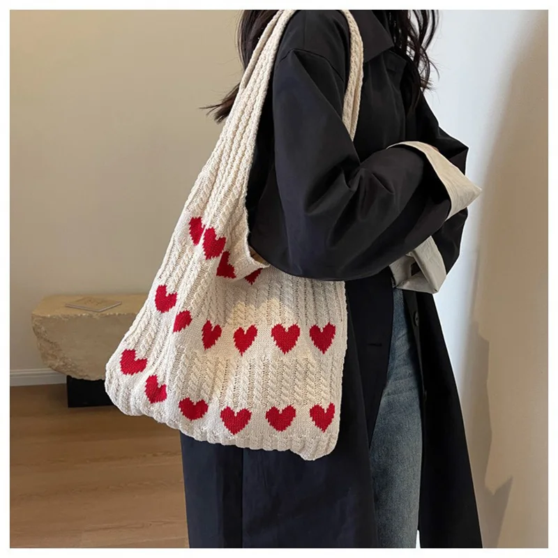 

Retro Knitted Bags Female Large Capacity Casual Totes Shoulder Bag Hollow Woven Shopping Handbag Lovely Winter Bags