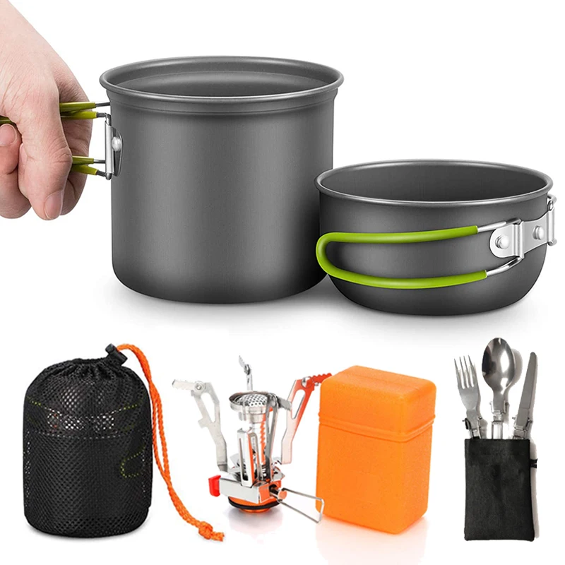 Afoxsos Outdoor Aluminum Camping Cookware Set Hiking Pot Pans Kit with Cutlery (8-Pieces)