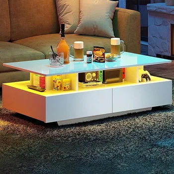 High Glossy LED Coffee Tables for Living Room, Center Table with Open Display Shelf & Sliding Drawers, White 1