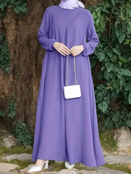 فستان نسائي بأكمام طويلة فضفاضة، مناسب لجميع الفصول، بسيط وأنيق ومريح، بلون واحد، يمنح إحساسًا بالوقار. 1