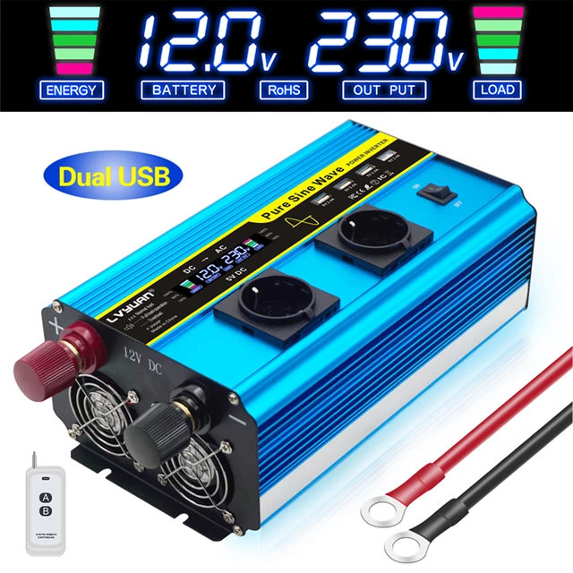 Inversor 12v 220v Onda Pura 2000W/4000W Convertidor DC 12V a AC 220V 230V  con Enchufes EU & Pantalla LCD para Coche Camping : : Electrónica