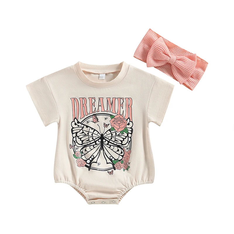 2023-02-28 Lioraitiin 0-18M Infant Baby Girl 2Pcs Bodysuit Short Sleeve Letters  Flower Print Jumpsuit Bowknot Headband 6