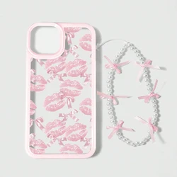 Pink Lip Print Bowknot Beaded Lanyard Soft Phone Case Cover - iPhone 12 (1)