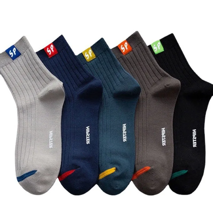 5Pairs Cotton Men's Socks Breathable Casual Sock Solid Color Striped