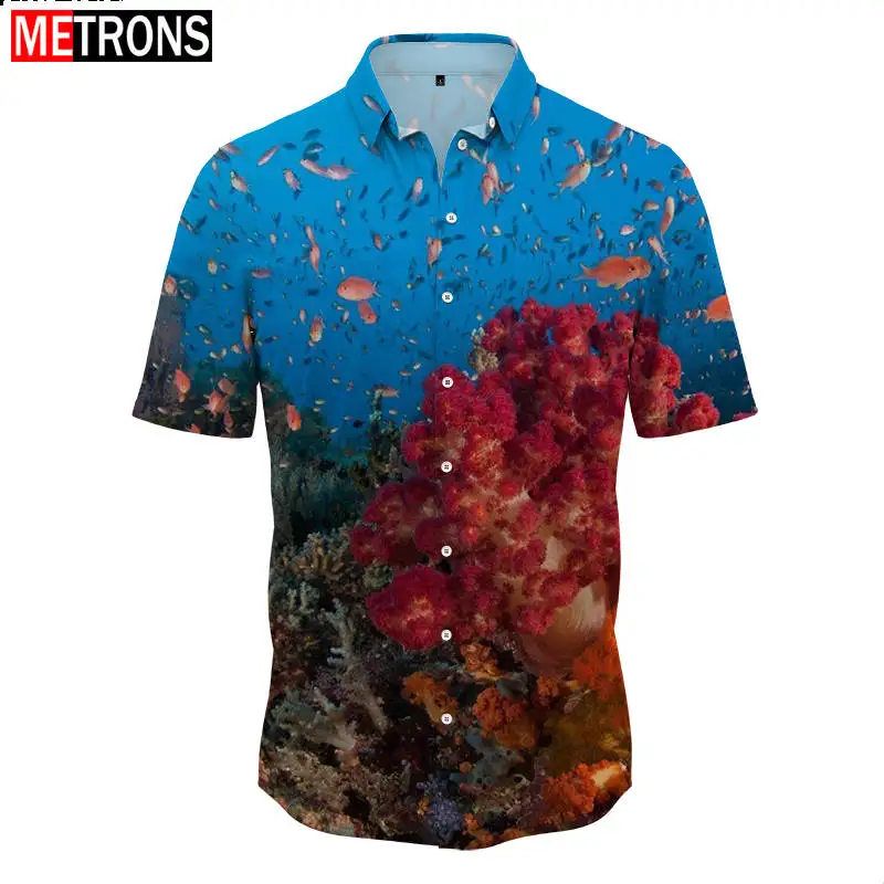 

2023 New Button Men's Shirt Ocean Underwater World Pattern Hawaiian Mock Neck Shirt 3D Printing Process Summer Short Sleeve