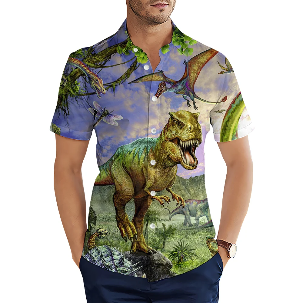 

CLOOCL Men Clothing Animal Jurassic Dinosaur 3D Printed Summer Short Sleeve Men Shirts Casual Lapel Button Cozy Tops Ropa Hombre