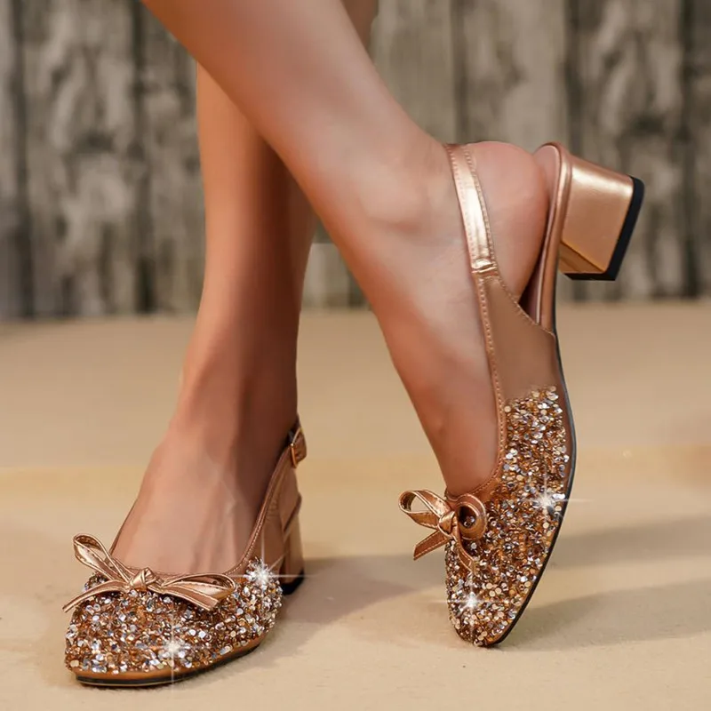 

Туфли-лодочки женские атласные с блестками и бантом