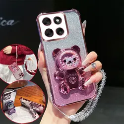 Shockproof Phone Case with 3D Bear Stand and Crystal Chain Lanyard - Transparent and Stylish Design - Moto G56 (Pink)