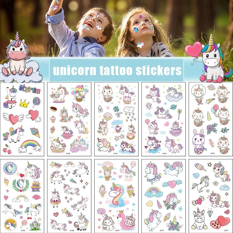 10 Pack Fake Tattoo Stickers Cartoon Temporary Tattoos Kids Arm Tattoos Kids Unicorn Rainbow Party Tattoo Stickers lavender leaf plant temporary tattoo sticker fake tattoos for kids women men body makeup waterproof stickers