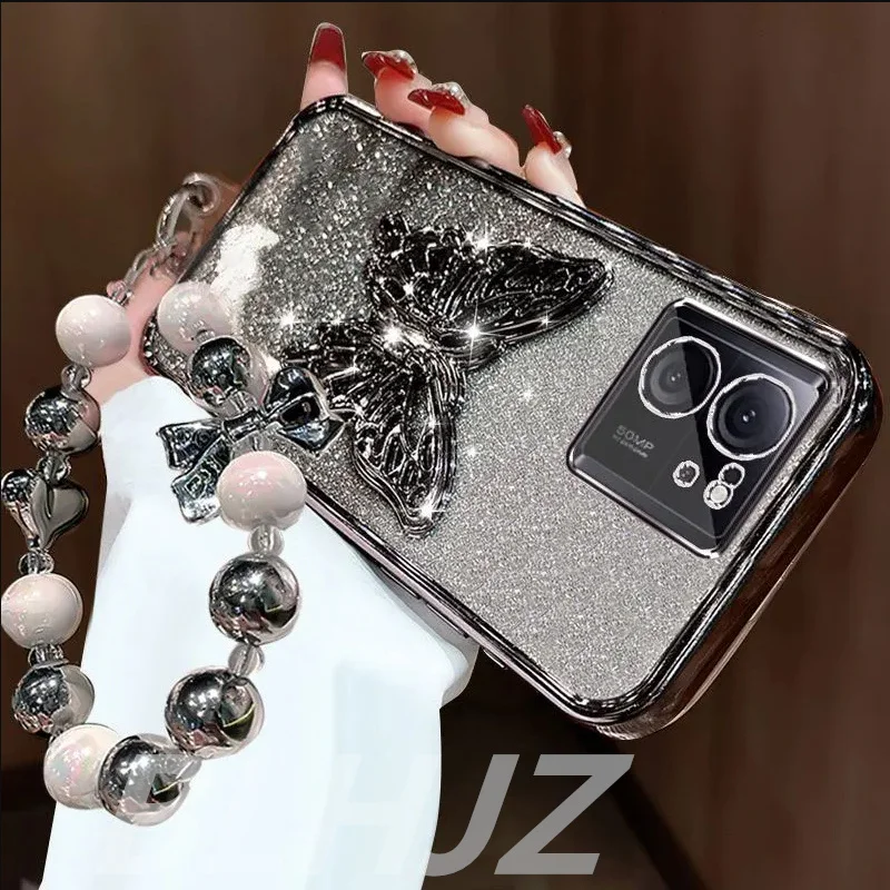 3D Butterfly Glitter Phone Holder Bead Bracelet Case Cover