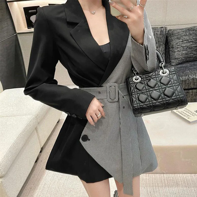 

Women Vintage Plaid Patchwork Irregular Blazer Spring Autumn 2023 New Casual Notched Collar Long Sleeve Belted Waist Suit Jacket
