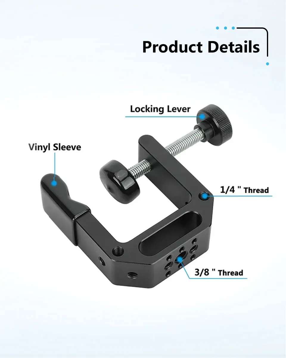 C Clamp Desk Mount 2.25" Neck with Multiple 1/4"-20 and 3/8"-16 Threads For Ligh