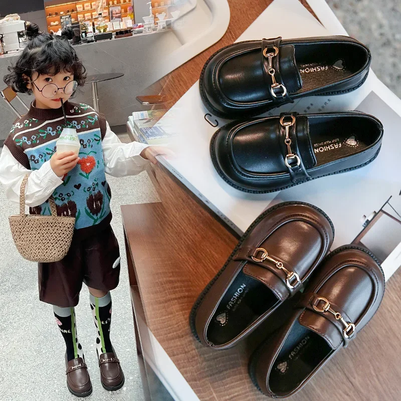 2024 Spring New Girls British Boys Leather Shoes Children Soft Mary Janes Metal Kids Fashion Casual Solid Black Slip-on Loafers 2