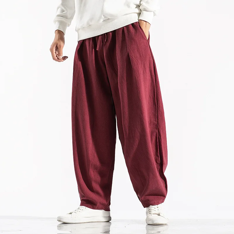 

Summer Men's New Solid Color Mid Waist Tie Up with Pockets Cotton and Linen Leisure Fashion Versatile Loose Wide Leg Trousers