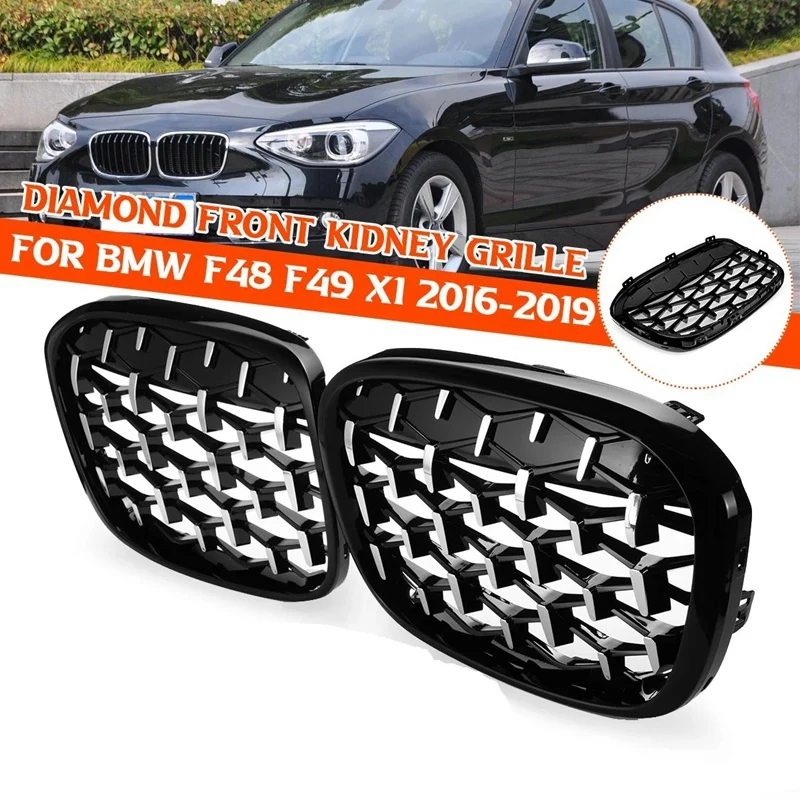 2PCS Front Kidney Diamond Meteor Style Grille Grills For -BMW X1 F48 F49 2016 2017-2019 Racing Grills Chrome+Black 1