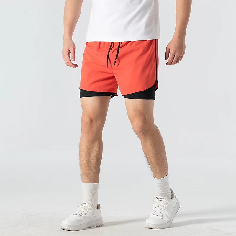 Summer New Unisex Sports Running Shorts Spanelled Pockets Elastic Waist Drawstring American Quick Drying Fake Two Pieces Shorts