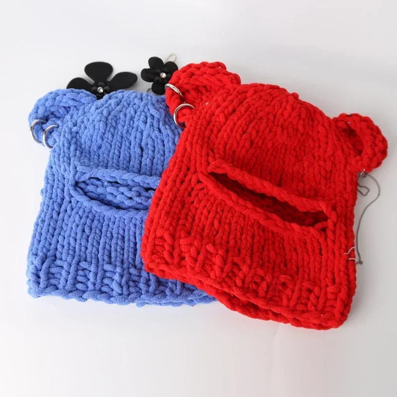 Novelty Bear Ear Balaclava Beanies Chain Outdoor Ski  Winter Hat for Women Ear Protection Knitted Hat 5