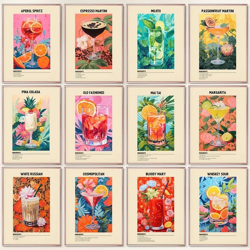 Retro Cocktail Canvas Painting Bevande Colorate Whisky Sour Aperol Spritz Mojito Cocktail Poster Stampe Bar Club Wall Art Decor